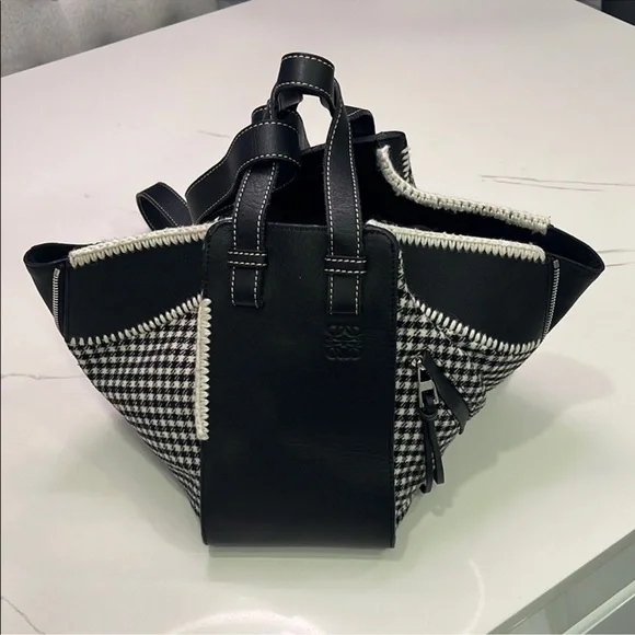 Loewe Hammock Tweed Black/White Small Tote Bag with Classic Checkered Pattern - Picture 1 of 16